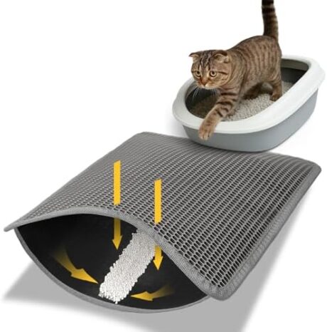 Cat Litter Trapping Mat for Small Spaces, 23.6"x14.6" Space-Saving Litter Box Floor Mat, Hexagon Grids & Anti-Leak Base, Machine Washable, Non-Slip Kitty Matt for Apartment, Gray