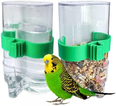 Clpoawc Bird Water Dispenser Outdoor No Mess Automatic Feeder,Parakeet Waterer for Cage,Food Container Bird Cage Accessories Hanging Outside for Lovebird Canary Finch Small Birds (2Pcs), Clear