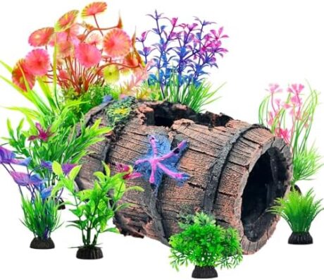 CousDUoBe Fish Broken Barrel Decor Fish Tank Decorations Betta Fish Tank Accessories,Starfish Barrel x 1pc, Aquarium Plants x 8pcs