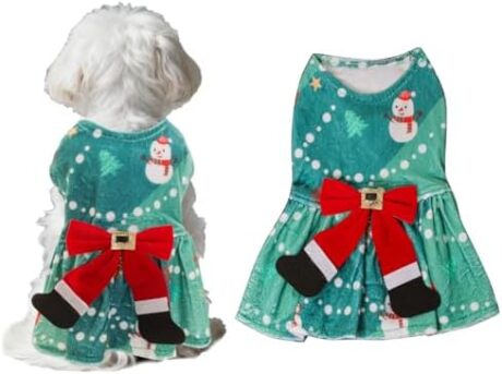 Dog Christmas Outfit Snowflake with Red Bow Pet Dress Winter Clothes for Small Dogs Gift Green Small