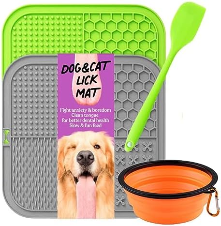 Dog Lick Mat That Keeps Dogs Calm & Busy – Silicone Enrichment Feeding Mat with Strong Suction Cups + Collapsible Travel Bowl – Slow Feeder for Bath, Grooming & Training