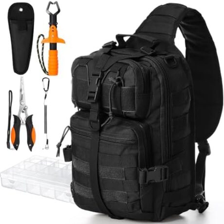 Eccliy 6 Pcs Fishing Tackle Bag Backpack with Rod Holders, Tackle Box, Fishing Pliers Kit and Fish Lip Gripper, Fish Gear and Equipment Fisherman Gift for Men Women
