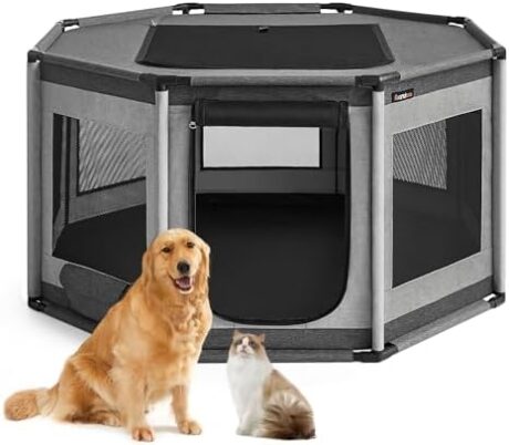 Feandrea Dog Playpen, Oxford Fabric Dog Fence, Octagon Dog Crate, L, 44.1 x 44.1 x 24.4 Inches, PVC Pipe Frame, Breathable Mesh, Double Openings, Dove Gray and Slate Gray UPDC003G01