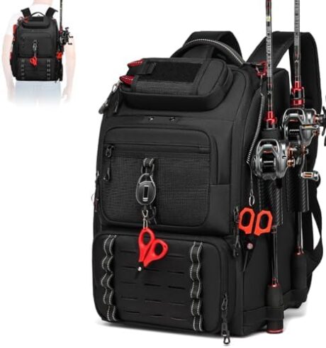 Fishing Tackle Backpack,40L Tackle Bag with 2 Rod Holders,Water-Resistant Large Storage Fishing Gear and Equipment(Black)