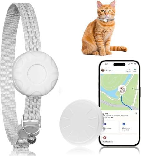 GPS Tracker for Cats, Cat Tracker Compatible with Apple Find My App (Only iOS), No Monthly Fee, Waterproof (White Tracker, White Cat Collar)