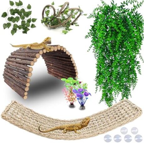 Grddaef Bearded Dragon Tank Accessories, Reptile Hideout Bridge Climbing Plants & Jungle Vines and Leaves Terrarium Decoration for Lizard Frog Snake Gecko Crab Chameleon