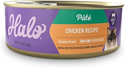 Halo Wet Cat Food Whole Chicken Recipe, Grain Free Wet Cat Pate, Canned Cat Food for Extra Hydration, 5.5 Oz Can (Pack of 12)