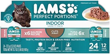 IAMS Perfect Portions Indoor Adult Wet Cat Food Cuts in Gravy Variety Pack, Salmon and Tuna Recipes, 2.6 oz. Easy Peel Twin-Pack Trays (12 Count, 24 Servings)