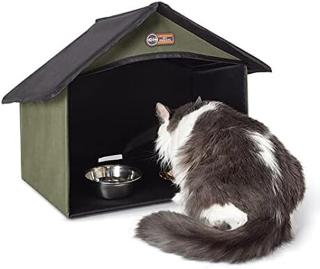 K&H Pet Products Outdoor Cat Dining Room Covered Outdoor Feeding Station Shelter for Feral Cat Food & Water Bowls, Pairs with K&H Thermo-Kitty Cafe (Sold Separately) - 14 X 20 X 16.5in Olive