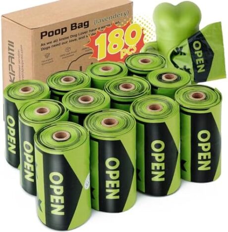 KIPRITII Strong-Endurance Dog Poop Bag Set with Dispenser & Leash Clip, Thick Waste Poop Bags for Puppy/Small/Medium/Large Dog & Cat (180PCS Lavender Scented)