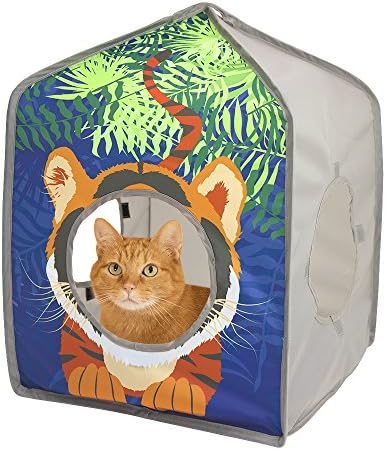 Kitty City Safari Jungle Tiger Pop-Up Cat House, Collapsible Indoor Cat Hideout with Peekaboo Openings, Lightweight Foldable Cat Playhouse