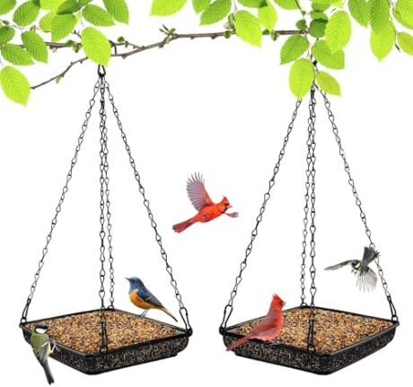 MIXXIDEA Hanging Bird Feeder Tray Metal Mesh Platform Seed Feeder with Durable Chains for Outdoors Garden Great for Attracting Birds (2 Pack)