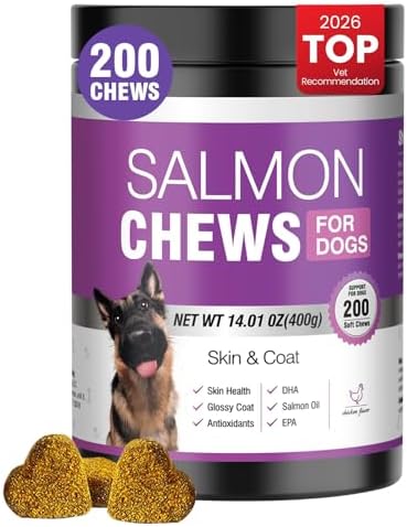 Omega 3 Skin and Coat Supplement for Dogs 200 Chews Dog Fish Oil Supplements with EPA & DHA Fatty Acids Dry Skin Relief for Dogs Shedding Allergy Itching Promotes Heart Hip Joint Health Chicken Flavor