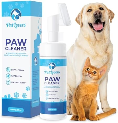PetLovers No-Rinse Dog & Cat Paw Cleaner - Waterless Foaming Cleanser with Silicone Brush - Gentle, Natural Unscented Deep Cleaning & Moisturizing Paw Cleaner for Dogs - Helps with Dryness & Cracking