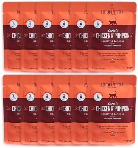 Portland Pet Food Company Human-Grade Mixed Variety Pack Wet Cat Food Pouch Luke's Chicken N' Pumpkin - Moist, Soft Cat Food Mixer, Topper, and Rotational Meal - 12 Pack