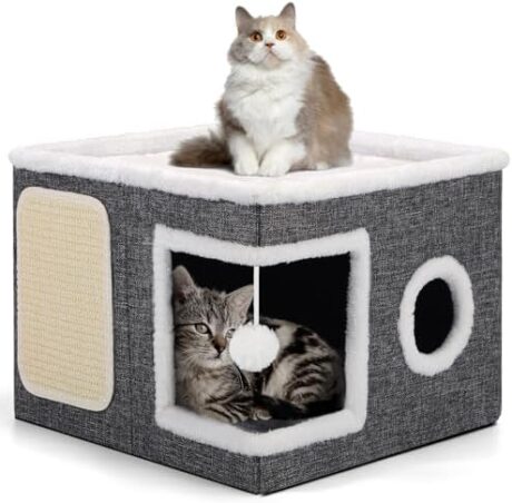 Shikha Cat Beds for Indoor Cats, Large Cat Cave with Cozy Condo, Fluffy Ball, Round Window, Foldable Indoor Cat House Hold Up to 30LBS, Cat Hideaway with Reversible Cushions for All Seasons, Grey