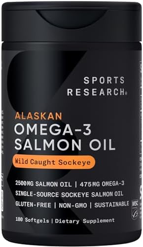 Sports Research® Salmon Oil - Single-Source Wild Alaskan Sockeye | 2500 mg per Serving w/EPA & DHA Fatty Acids | MSC Certified - 180 Count Softgels