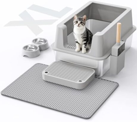 Stainless Steel Cat Litter Box - Enclosed XL Metal Kitty Litter Box with Lid for Big Cats, High Sided, Anti-Leakage, Easy Cleaning, Non-Sticky, Included Litter Mat, Cat Bowl & Spoon