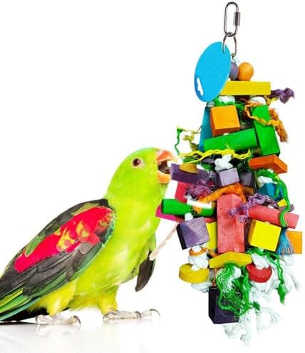SunGrow Parrot Toy – Bird Foraging & Chew Toy with Wooden Blocks and Cotton Rope, Hanging Cage Accessory for Conures, Budgies, Parakeets & Other Small Birds