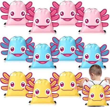 Sweetude 12 Pcs Axolotl Party Favors Bags Axolotl Drawstring Bags Reptile Animal String Pouch Ocean Cartoon Treat Pouch for Goodie Candy Gifts Birthday Party Decoration Supplies Baby Shower