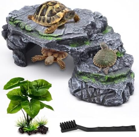 Turtle Basking Platform Kit, Reptile Habitat Hideout, Decorative Resin for Aquarium & Terrarium, Including Artificial Plant and Cleaning Brush. (A-Large-Black)