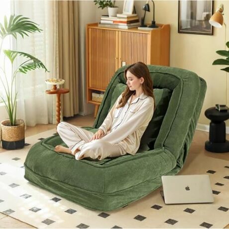 Upholstered Human Dog Bed for Adult Foldable, Convertible Lazy Sofa with 5 Adjustable Positions, Comfy Tatami Bean Bag Sofa with 2 Soft Pillows for Bedroom, Living Room, Office (Green)