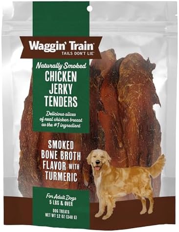 Waggin' Train Smoked Chicken Jerky Tenders for Dogs with Turmeric and Human Grade Bone Broth, Grain and Corn Free, High Protein, Premium Limited Ingredient 100% Real Chicken Dog Treats, 12 oz. Pouch