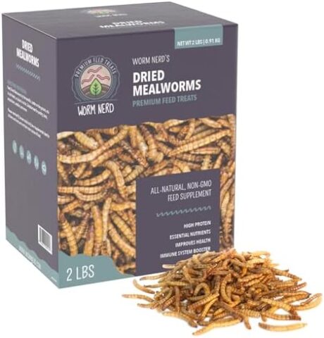 Worm Nerd WN59 2LB Dried Mealworms Non-GMO High Protein and Fiber Treat for Chickens, Birds, Reptiles, Amphibians, Fish
