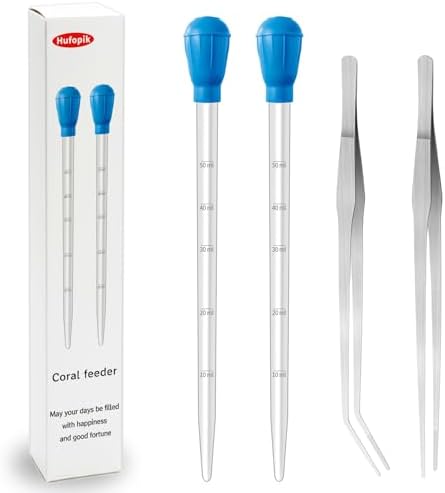 2 Piece Aquarium Coral Feeder with 2 Piece Stainless Steel Feeding Long Tweezers Syringe Spot Coral Feeder Reptile Feeding Tools for Aquatic Plant Reef Anemones Lionfish (Blue, Silvery)