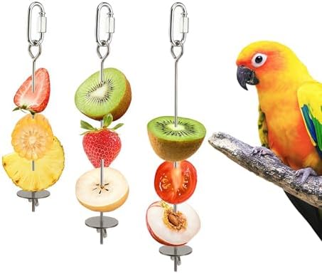 3 Pcs Bird Cage Food Holder Stainless Steel Parrot Fruit & Vegetable Skewer Hanging Foraging Toy for Parakeets, Budgies, Macaws