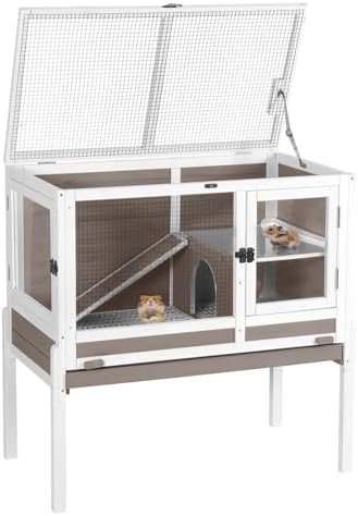 Aivituvin Wooden Guinea Pig Cages Indoor with Removable Stand, Anti Chewing Rabbit Hutch with Ramp and Wire Mesh, 2 Story Small Animals House Habitat with Pull Out Tray (Brown)