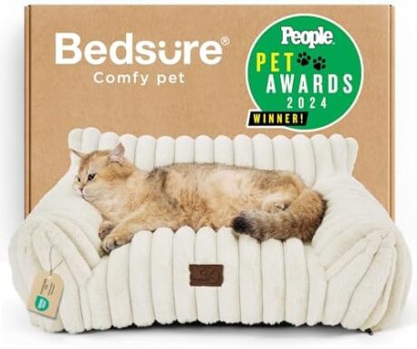Bedsure ComfyFleece™ Cute Cat Couch for Pets - As Seen on TV on Good Day New York, Fuzzy Cats beds for Indoor Cats with Removable Washable Cover, Supportive Pet Sofa, 24inch, Cream