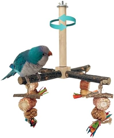 Bird Perch 360° Rotating Perch with Natural Chew Toys - Spinning Bird Toys Cage Accessories- Parrot Wooden Stand for Small and Medium Birds (Parakeets, Budgies, Cockatiels, Conures, Finches)