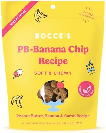 Bocce's Bakery PB Banana Chip Recipe Treats for Dogs, Wheat-Free Everyday Dog Treats, Real Ingredients, Baked in The USA, Natural Soft & Chewy Cookies, Peanut Butter, Bananas, & Carob, 6 oz