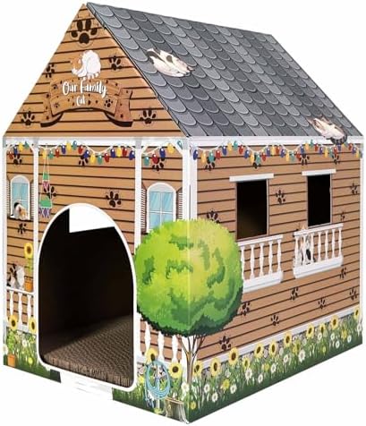 Cardboard Cat House with Scratch Pad Large Cats Scratching Playhouse Scratcher House for Indoor Cats Cardboard Cat Play Box