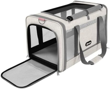 Cat Carrier American Airline Approved 18x11x11, Top Opening Sturdy Soft Pet Carrying Bag See Through, Mini Dog Hard Bottom Crate Kennel Case, 4-Side-Ventilation Mesh Cage Toy Poodle Biege