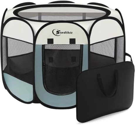 Dog Cat Playpen, Puppy Pet Playpen Indoor for Small Dog Crate Tent Cage Outdoor, Portable Pop Up Dogs Enclosure Kennel with Carrying Case for Dogs/Cats/Rabbits(Grey, Small