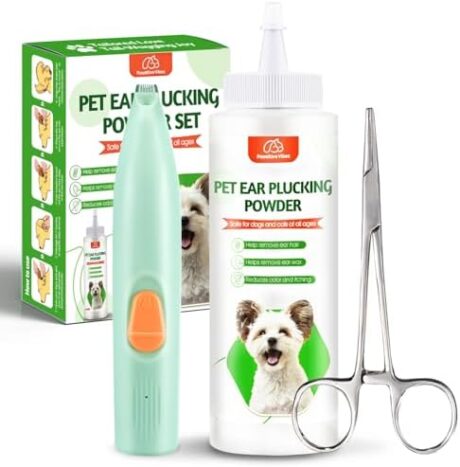 Dog Ear Powder Hair Removal Kit–Safe Grooming Set with 30g Ear Powder, LED Silent Trimmer & 5.5in Tweezers All-in-One Ear Care Solution for Dogs &Cats,Odor Control & Hygiene Support, Home Grooming Kit