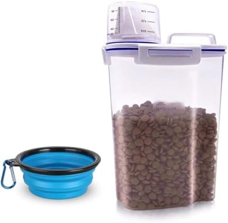 Dog Food Storage Container Small, Cat Food Storage Container Airtight Plastic Dispenser with Graduated Measuring Cup, Pourable Spout and Portable Collapsible Dog Bowl for Pet Food, Birds Seed