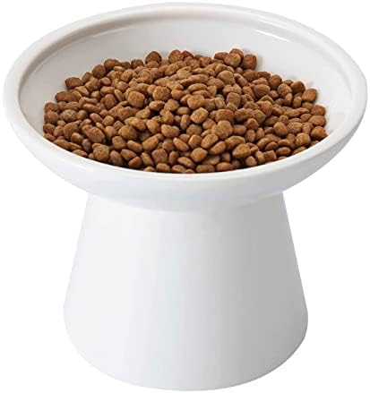 Extra Wide Elevated Ceramic Cat Bowl - 6.2" Shallow Dish for Whisker Fatigue Relief, 5" Height for Easy Feeding, Lead & Cadmium Free, Durable Raised Cat Food Bowls, White