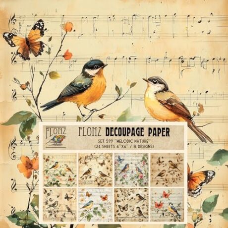 Flonz Decoupage Paper Pack (24 Sheets 6"x6") - High Gloss, Acid Free, Lignin Free, 30 Years No Fade Guarantee - Vintage-Inspired Nature: Birds, Butterflies, Musical Notes