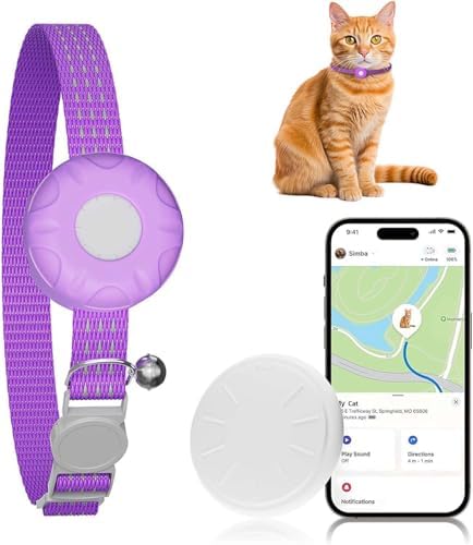 GPS Tracker for Cats, Cat Tracker Collar with Safety Elastic Buckle, Compatible with Apple Find My App (Only iOS), No Monthly Fee, Waterproof (White Tracker, Purple Cat Collar)