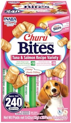 INABA Churu Bites for Dogs, Soft & Chewy Dog Treats with Vitamin E, 0.42 Ounces Each Tube, 20 Tubes, Tuna & Salmon Variety Box