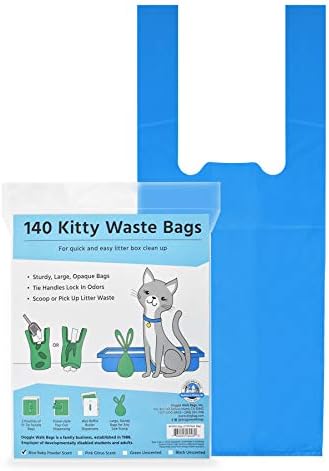 Kitty Waste Bags Cat Litter Bags with Easy Tie Handles, Extra Large and Leak Proof, Fits Large Sized Scoops, Blue Baby Powder Scented, 5 x 7 x 17 Inches
