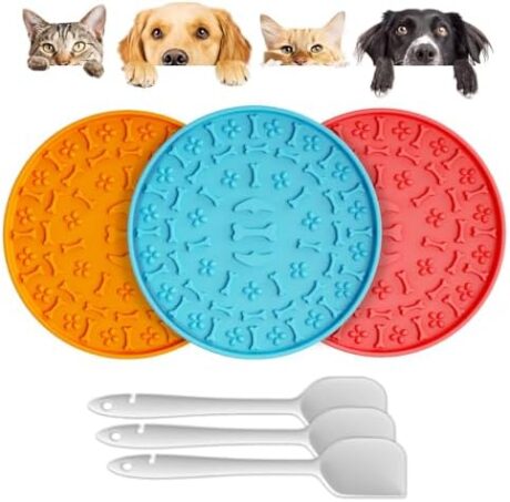 Lick Mat for Dogs & Cats 3 Pack - Silicone Dog Lick Mat with Suction Cups - Anxiety Relief/Promotes Healthy Eating/Frozen & Dishwasher Safe - Pet Peanut Butter Lick Pad LPFALASAT (Blue Orange Red)