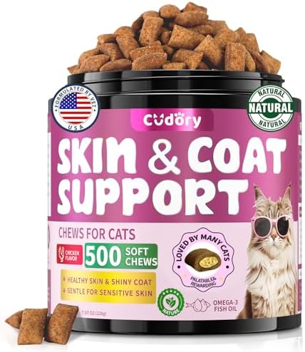 Omega 3 for Cats - 500 Skin & Coat Health Crunchy & Creamy Chews with Omega 3, Biotin & Vitamin E for Healthy Skin, Shiny Fur, Cat Supplements & Vitamins -Chicken Flavor