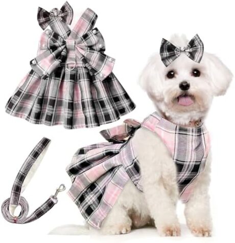 PETCARE Cute Dog Dress Clothes for Small Dogs Cats Girl Female Pink Plaid Bow Tie Dog Harness Dresses Leash Set with Pearls Bow Accessories Birthday Puppy Dress Shih Tzu Yorkies Chihuahua Outfits