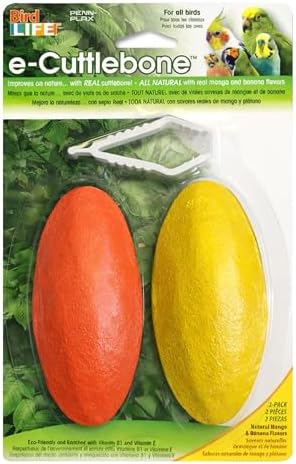 Penn-Plax Bird-Life E-Cuttlebone Flavored, 1 Pack (2 Counts) - Mango & Banana - Durable, Less Brittle Cuttlebones Enriched with Omega 3 & Vitamin B1 - Cage Clip - for All Bird Sizes - Mango & Banana