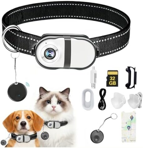 Pet Camera Collar with Air Tracker Tag, 1080P HD Wireless Dog Neck Cam Compact Action Camera for iOS,32GB Storage, Fully Charged Before Use, No WiFi Needed（GPS Just for iOS）
