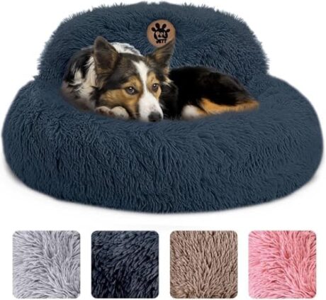PetJett Calming Dog Bed Medium Size Dog - 30'' Donut Bed, Round Dog Bed, Anti-Slip & Washable Super Soft Fluffy Plush Round Bed, Anti-Anxiety Premium Comfort Pet Bed, Fits Dogs upto 45 lbs - Dark Grey